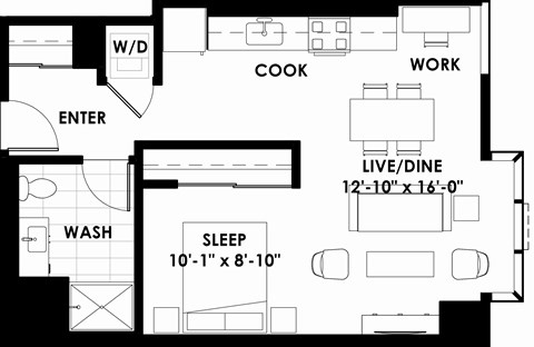Floor plan for studio, 1 bath, 601 sqft